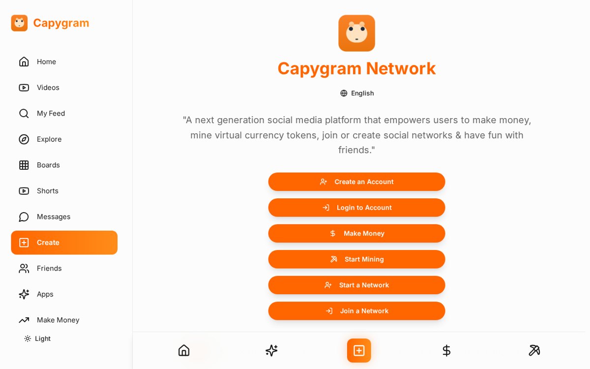 The Capygram Network home screen with buttons to create an account, make money, start mining and start a network
