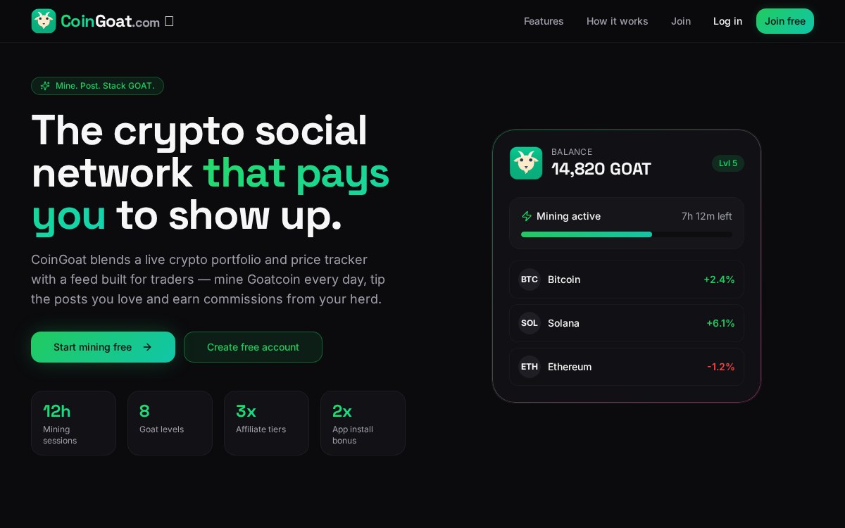 The CoinGoat.com home screen showing its Goatcoin mining balance, portfolio tracker and live crypto prices