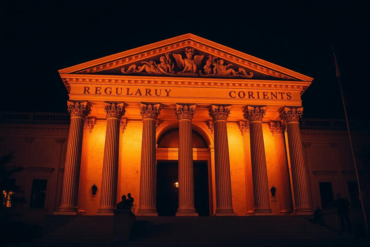 A neoclassical government building facade lit amber at night
