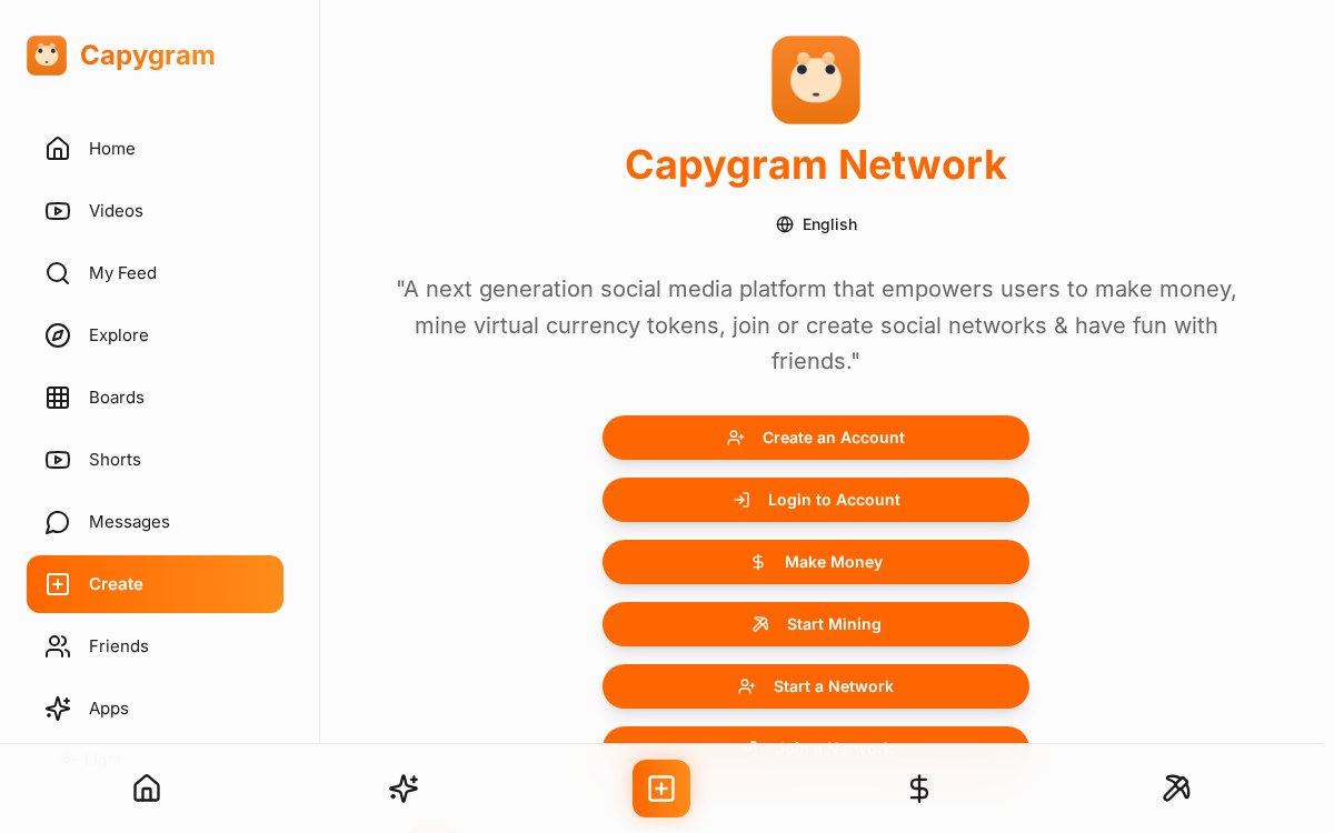 The Capygram Network home screen showing its sidebar navigation and create, earn and mining actions